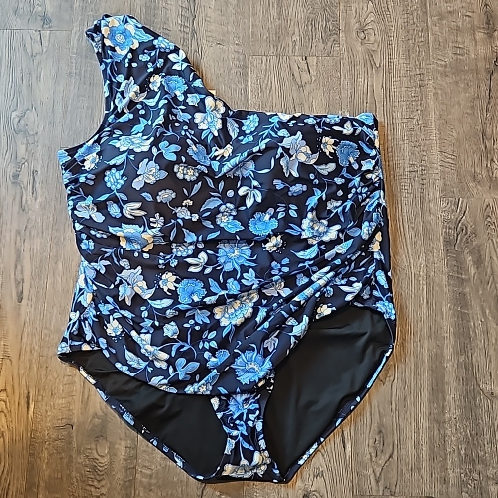 J. Crew Ruched One Shoulder One Piece in Midnight Blue Floral Size 24 BNWT - Picture 2 of 6